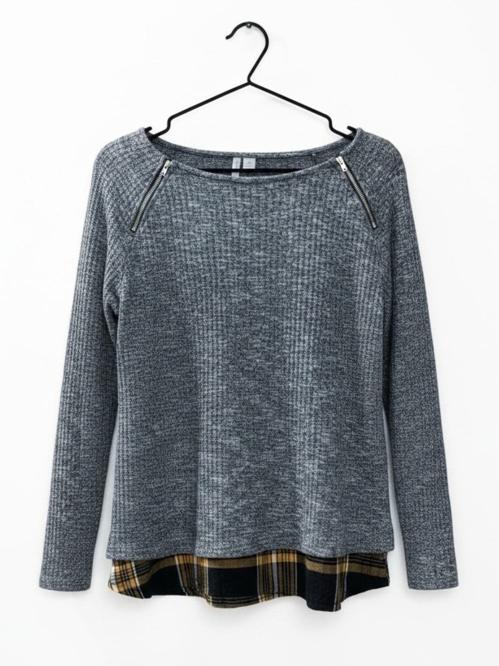Cato Gray Knit Layered Top Plaid Hem Zipper Shoulder Cozy Size M